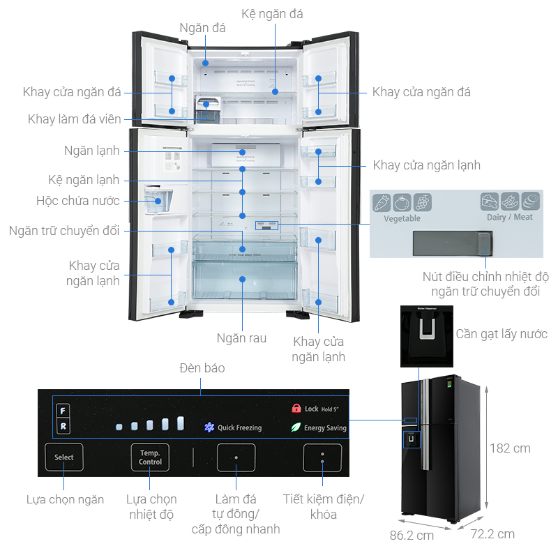Tủ lạnh Hitachi Inverter 540 lít Multi Door R-FW690PGV7 GBK