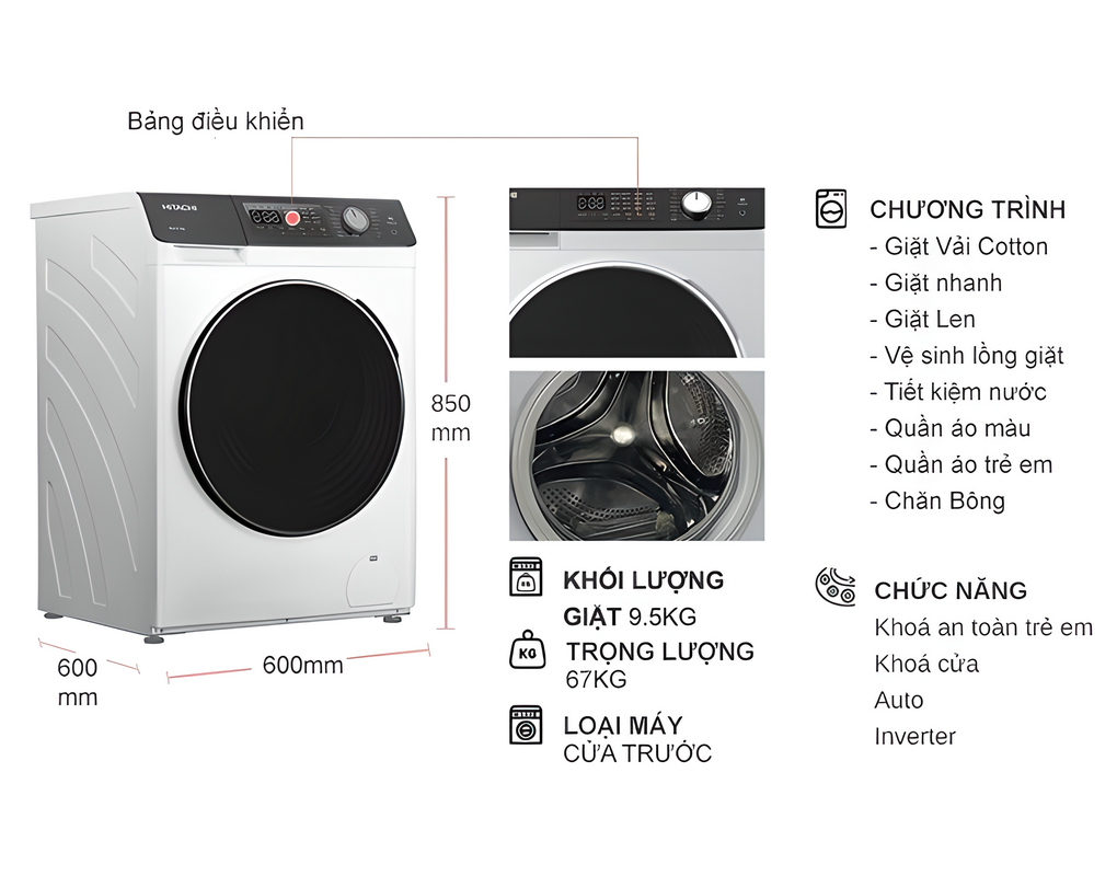 Máy Giặt Hitachi Inverter 9.5 Kg BD-954HVOW